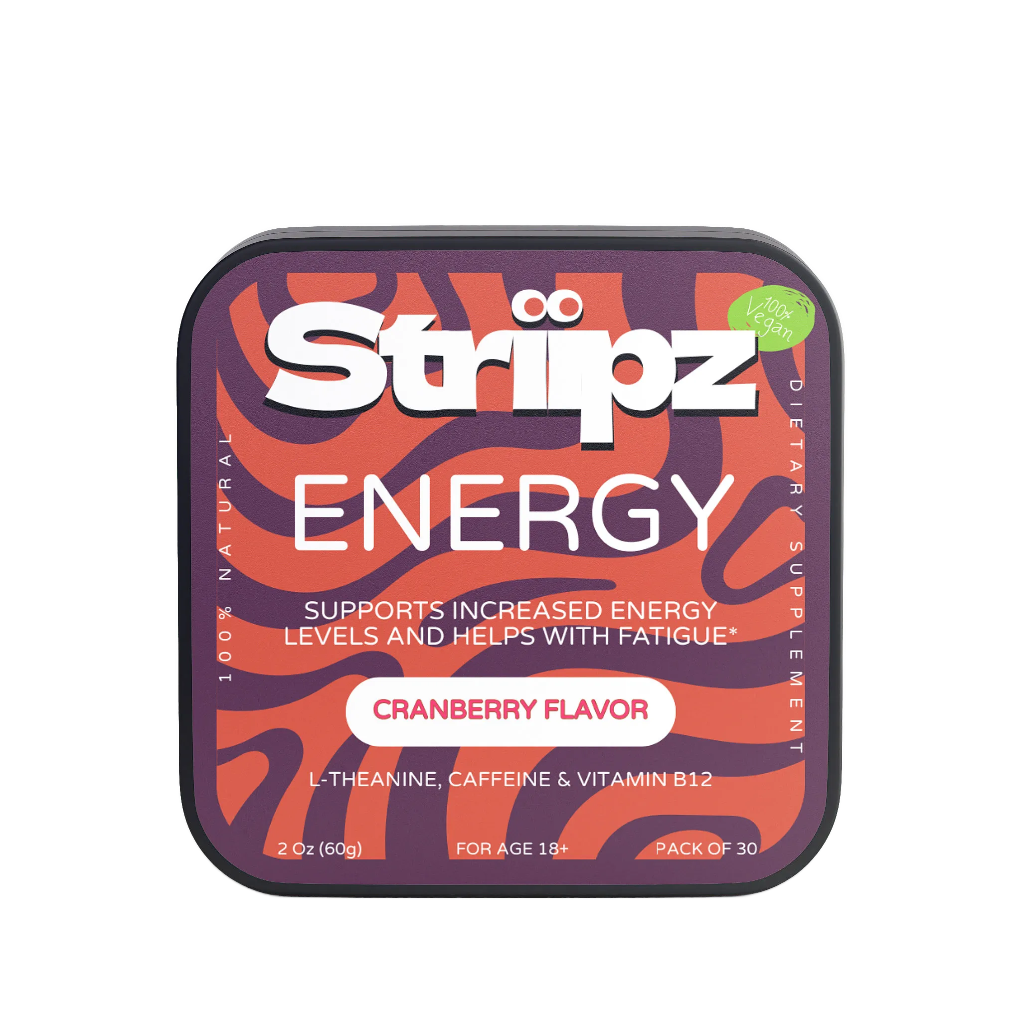 Striipz Energy supplement tin with cranberry flavor on a white background
