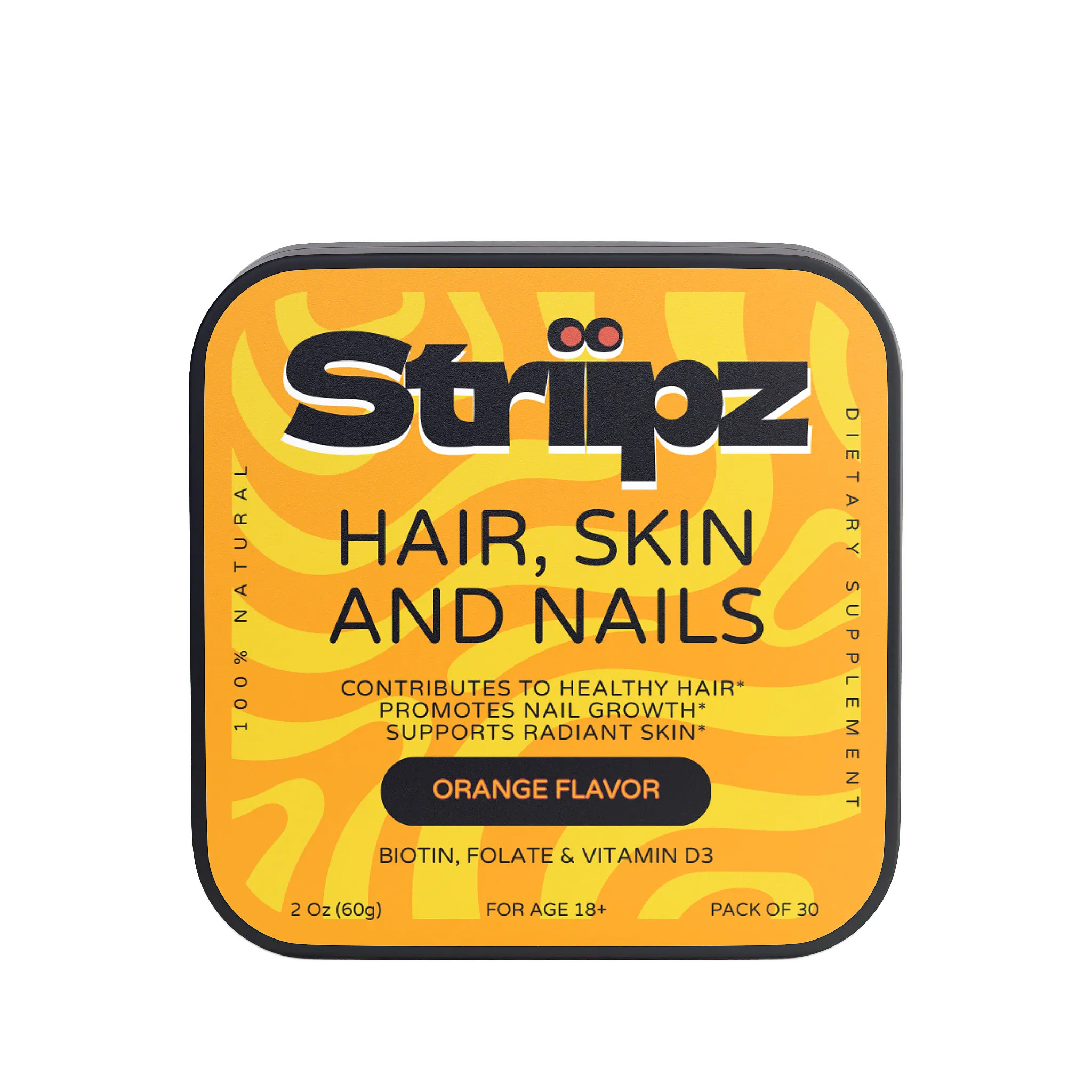 Striipz hair, skin, and nails supplement tin with orange and black design on a white background