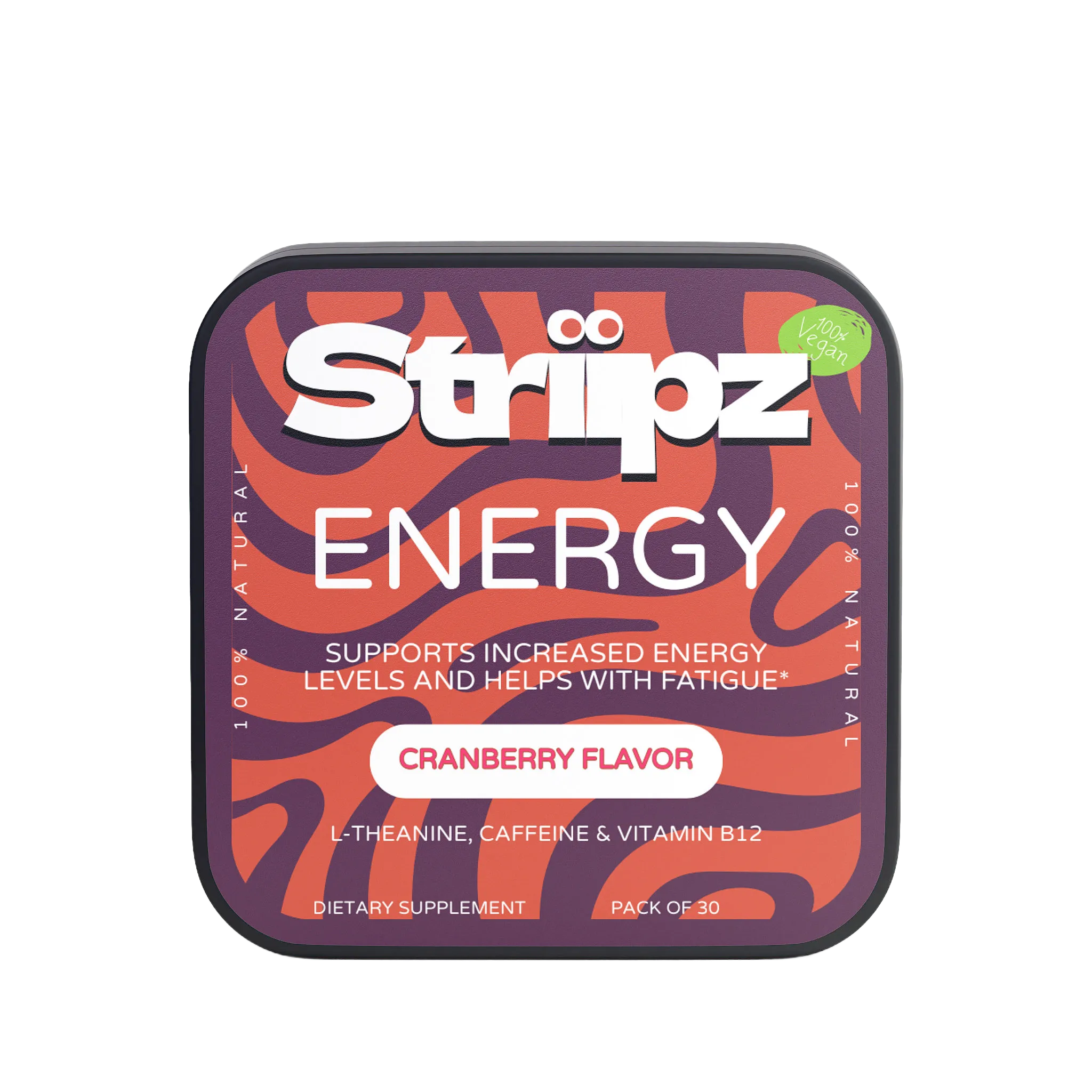 Energy dietary supplement packaging with cranberry flavor on a white background