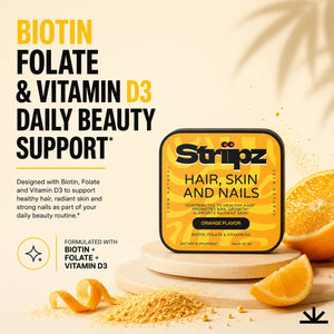 Hair, Skin, and Nails Strips – daily beauty support with Biotin, Folate, and Vitamin D3 for healthy hair, radiant skin, and strong nails – formulated with Biotin, Folate, and Vitamin D3