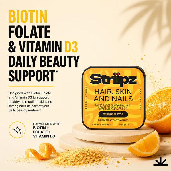 Hair, Skin, and Nails Strips – daily beauty support with Biotin, Folate, and Vitamin D3 for healthy hair, radiant skin, and strong nails – formulated with Biotin, Folate, and Vitamin D3