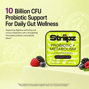 Probiotic + Metabolism Strips – 10 billion CFU probiotic support for daily gut wellness with Bifidobacterium lactis and prebiotic fiber for digestive well-being and metabolic support