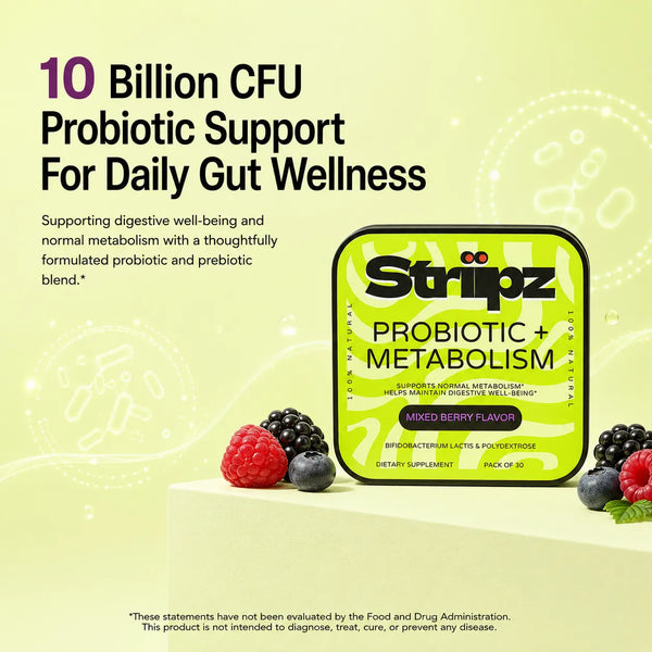 Probiotic + Metabolism Strips – 10 billion CFU probiotic support for daily gut wellness with Bifidobacterium lactis and prebiotic fiber for digestive well-being and metabolic support