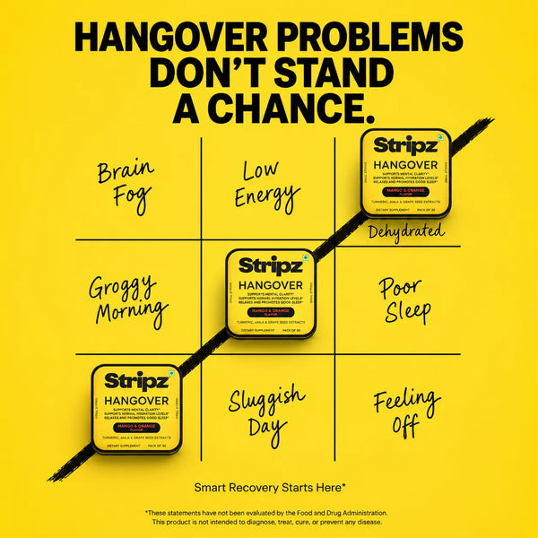 Hangover Relief Strips – solution for brain fog, low energy, groggy mornings, poor sleep, and feeling off with turmeric, amla, and grape seed extracts for smart recovery