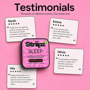 Real customer testimonials for Sleep Aid Strips – Sarah, Emma, Olivia, and Mia share their experience with melatonin, valerian, chamomile, lavender, and hibiscus for restful sleep, relaxation, and nighttime wellness