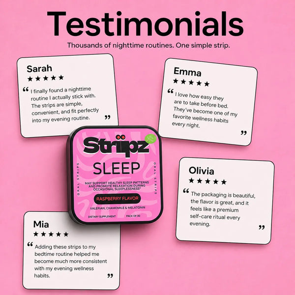 Real customer testimonials for Sleep Aid Strips – Sarah, Emma, Olivia, and Mia share their experience with melatonin, valerian, chamomile, lavender, and hibiscus for restful sleep, relaxation, and nighttime wellness