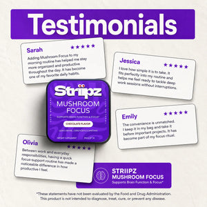 Real customer testimonials for Mushroom Focus Strips – Sarah, Jessica, Emily, and Olivia share their experience with Lion's Mane, Cordyceps, and Shiitake for brain function, focus, and productivity
