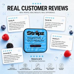 Real customer reviews for Digestive + Gut Health Strips – Emily R., Sarah M., Amanda K. share their experience with Bacillus Coagulans probiotics and digestive enzymes for digestive comfort and gut health
