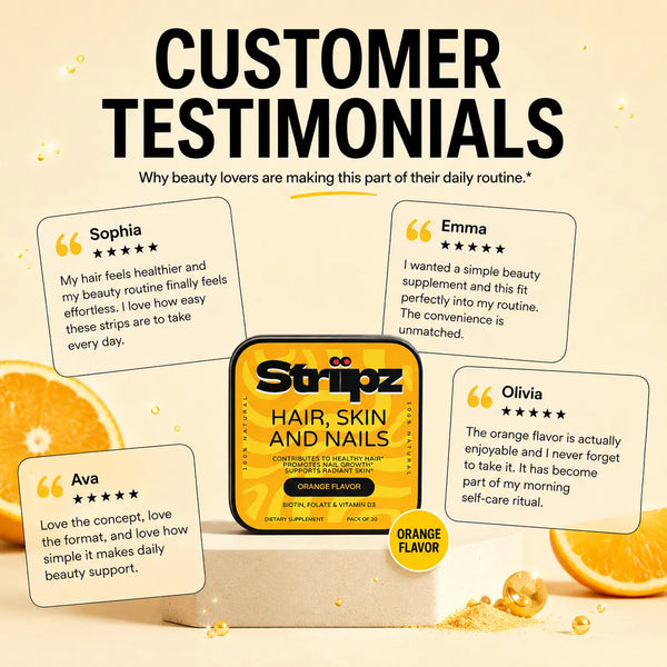 Real customer testimonials for Hair, Skin, and Nails Strips – Sophia, Emma, and Olivia share their experience with Biotin, Folate, and Vitamin D3 for healthy hair, radiant skin, and strong nails