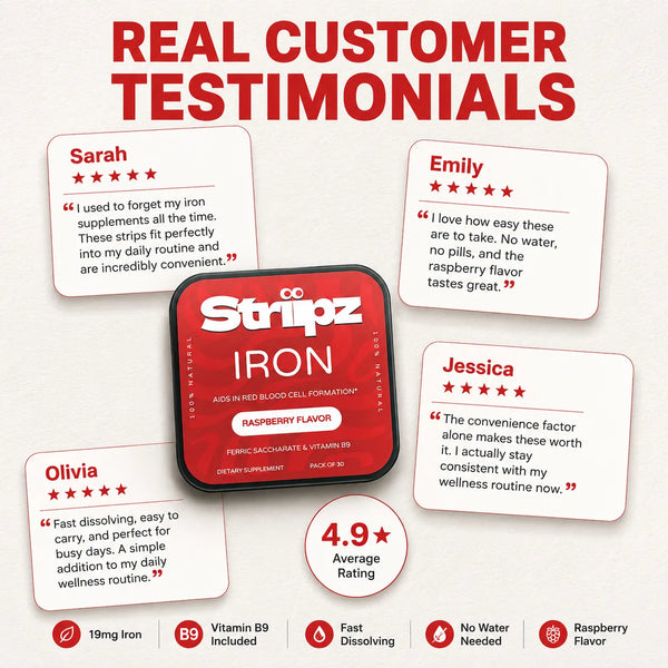 Real customer testimonials for Iron Strips – Sarah, Emily, and Jessica share their experience with 19mg gentle iron and folate for energy support, convenience, and daily wellness