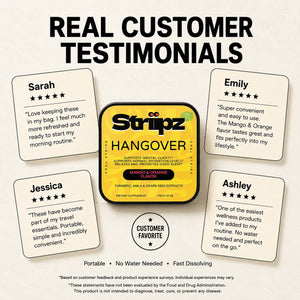 Real customer testimonials for Hangover Relief Strips – Sarah, Emily, Jessica, and Ashley share their experience with turmeric, amla, and grape seed extracts for post-party recovery and wellness