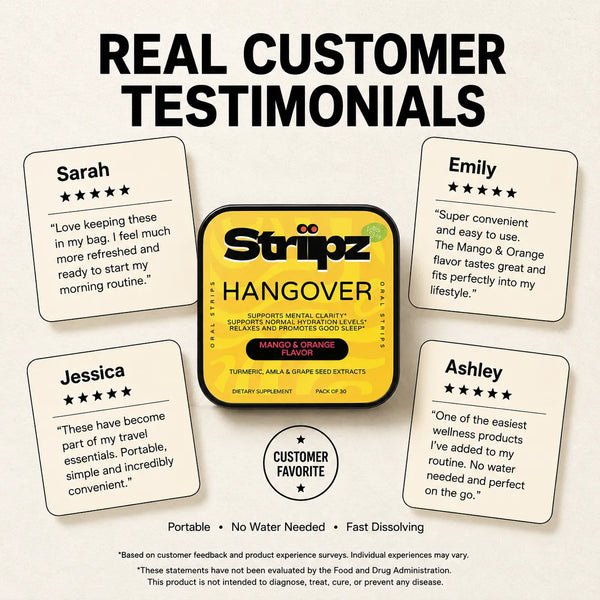 Real customer testimonials for Hangover Relief Strips – Sarah, Emily, Jessica, and Ashley share their experience with turmeric, amla, and grape seed extracts for post-party recovery and wellness
