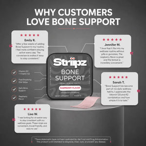 Real customer testimonials for Bone Support Strips – Emily R., Jennifer M., Sarah T., and Lisa W. share their experience with Vitamin D3 and K2 for daily bone health
