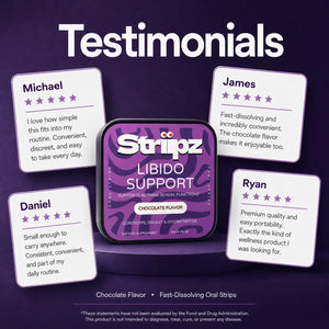 Real customer testimonials for Libido Support Strips – Michael, Daniel, James, and Ryan share their experience with Cordyceps, Shilajit, and Oyster Peptide for daily vitality, stamina, and confidence support