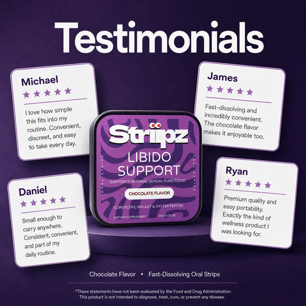 Real customer testimonials for Libido Support Strips – Michael, Daniel, James, and Ryan share their experience with Cordyceps, Shilajit, and Oyster Peptide for daily vitality, stamina, and confidence support