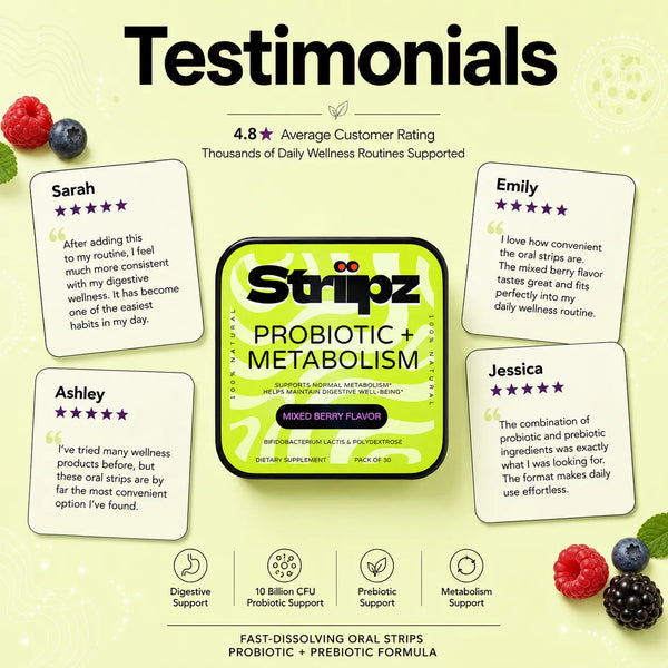 Real customer testimonials for Probiotic + Metabolism Strips – Sarah, Ashley, Emily, and Jessica share their experience with Bifidobacterium lactis probiotics and prebiotic fiber for digestive wellness, gut balance, and metabolic support