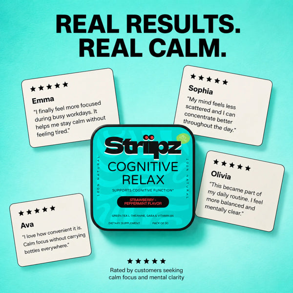 Real customer testimonials for Cognitive Relax Strips – Emma, Sophia, Ava, and Olivia share their experience with L-Theanine, GABA, and Vitamin B6 for calm focus and mental clarity