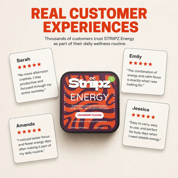 Real customer experiences for Energy Strips – Sarah, Emily, Amanda, and Jessica share their results with L-Theanine, Caffeine, and Vitamin B12 for sustained energy, focus, and no afternoon crashes