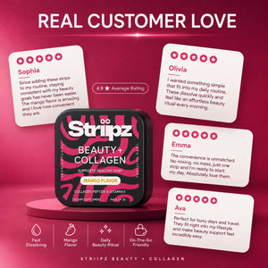 Real customer love for Beauty + Collagen Strips – testimonials from Sophia, Olivia, Emma, and Ava on convenience, daily beauty routine, and effortless skin support
