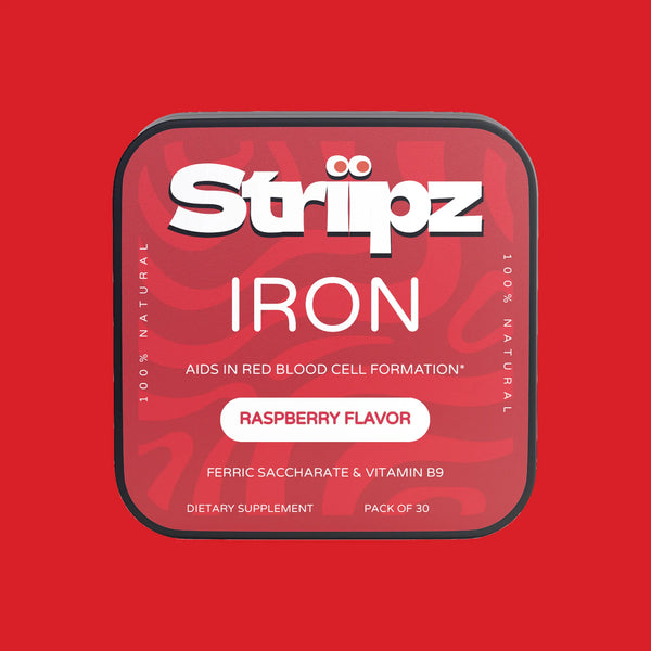Iron Strips – 19mg gentle iron and folate oral strips for energy support, red blood cell formation and vitality, raspberry flavor, 30-count dietary supplement