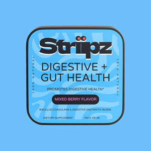 Digestive + Gut Health Strips – Bacillus Coagulans probiotics and digestive enzyme blend oral strips for bloating relief and digestive comfort, mixed berry flavor, 30-count
