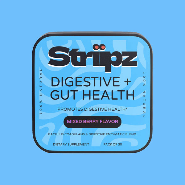 Digestive + Gut Health Strips – Bacillus Coagulans probiotics and digestive enzyme blend oral strips for bloating relief and digestive comfort, mixed berry flavor, 30-count