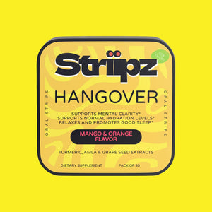 Hangover Relief Strips – turmeric, amla and grape seed extracts oral strips for mental clarity, hydration support and restful sleep, mango-orange flavor, 30-count dietary supplement
