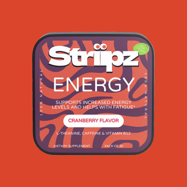 Energy Strips – L-Theanine, Caffeine and Vitamin B12 oral strips for sustained energy, focus and fatigue support, cranberry flavor, 30-count dietary supplement