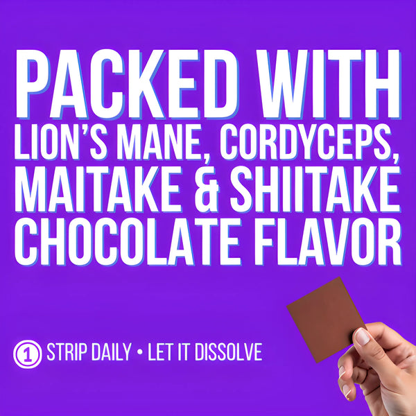 Mushroom Focus Strips ingredients – packed with Lion's Mane, Cordyceps, Maitake, and Shiitake for brain function support, mental clarity, and sustained focus