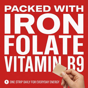Iron Strips ingredients – packed with iron and folate (Vitamin B9) for energy support, red blood cell formation, and daily vitality – one strip daily for everyday energy