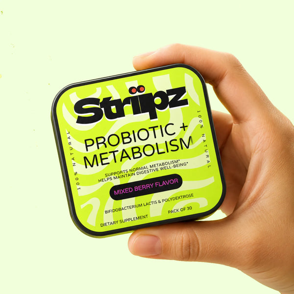 Probiotic + Metabolism Strips – Bifidobacterium lactis probiotics and polydextrose prebiotic supplement for digestive well-being and metabolic support, mixed berry flavor, 30 oral strips