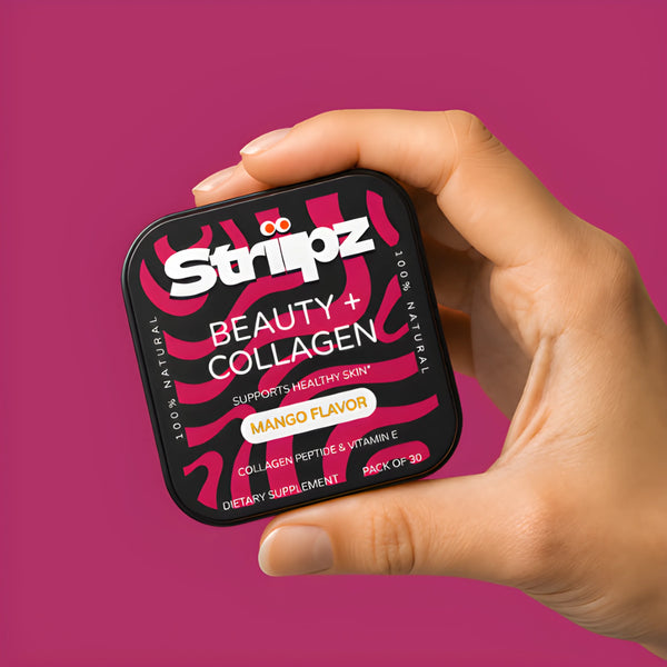 Striipz Beauty + Collagen Strips – oral dietary supplement with collagen peptides and Vitamin E for healthy skin support, mango flavor, 30 strips