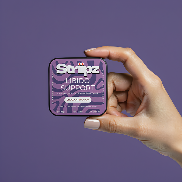 Libido Support Strips ingredients label – featuring Cordyceps, Shilajit, and oyster peptide for stamina