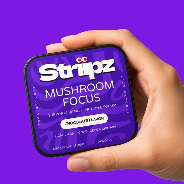Mushroom Focus Strips – Lion's Mane, Cordyceps and Shiitake supplement for brain function and focus support, chocolate flavor, 30 oral strips