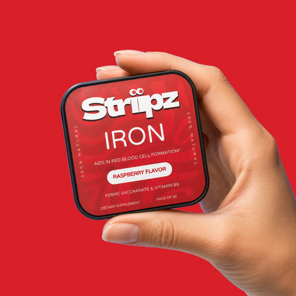 Iron Strips – 19mg gentle iron and folate supplement for red blood cell formation and energy support, raspberry flavor, 30 oral strips