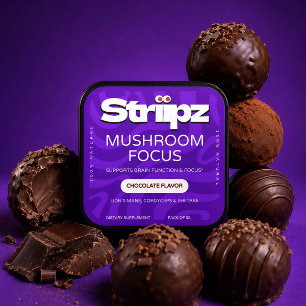 Mushroom Focus Strips – 100% natural chocolate flavor oral strips with Lion's Mane, Cordyceps, and Shiitake for brain function support and mental clarity