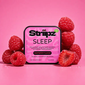 Sleep Aid Strips – raspberry flavor oral strips with melatonin, valerian, and chamomile for restful sleep, relaxation support, and occasional sleeplessness relief