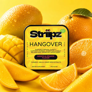 Hangover Relief Strips – mango-orange flavor oral strips with turmeric, amla, and grape seed extracts for mental clarity, hydration support, and restful sleep