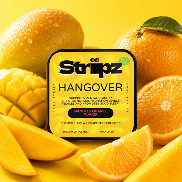 Hangover Relief Strips – mango-orange flavor oral strips with turmeric, amla, and grape seed extracts for mental clarity, hydration support, and restful sleep