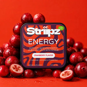 Energy Strips – cranberry flavor oral strips with L-Theanine, Caffeine, and Vitamin B12 for energy support, focus, and fatigue relief