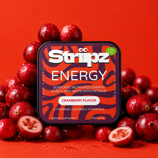 Energy Strips – cranberry flavor oral strips with L-Theanine, Caffeine, and Vitamin B12 for energy support, focus, and fatigue relief
