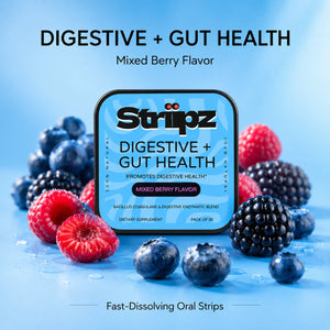 Digestive + Gut Health Strips – mixed berry flavor oral strips with Bacillus Coagulans probiotics and digestive enzymes for gut health and digestive support