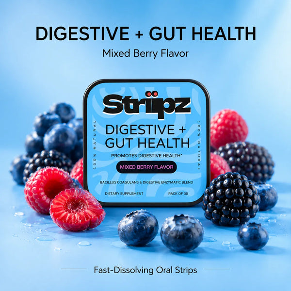 Digestive + Gut Health Strips – mixed berry flavor oral strips with Bacillus Coagulans probiotics and digestive enzymes for gut health and digestive support