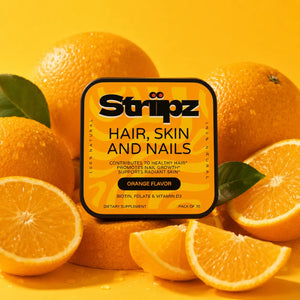 Hair, Skin, and Nails Strips – orange flavor oral strips with Biotin, Folate, and Vitamin D3 for hair growth support, skin vitality, and nail strength