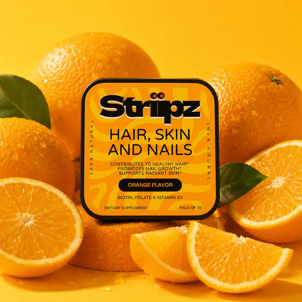 Hair, Skin, and Nails Strips – orange flavor oral strips with Biotin, Folate, and Vitamin D3 for hair growth support, skin vitality, and nail strength