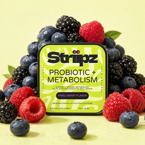 Probiotic + Metabolism Strips – mixed berry flavor oral strips with Bifidobacterium lactis probiotics and prebiotic fiber for digestive support, metabolism, and gut balance