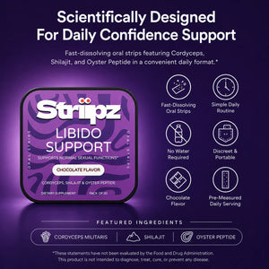 Scientifically designed Libido Support Strips – Cordyceps, Shilajit, and Oyster Peptide for daily confidence support, stamina, and normal sexual function, fast-dissolving oral strips, no water required, chocolate flavor