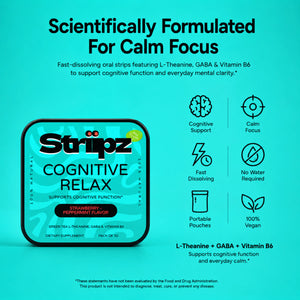 Scientifically formulated Cognitive Relax Strips – L-Theanine, GABA, and Vitamin B6 for calm focus, cognitive support, fast-dissolving oral strips, no water required, 100% vegan