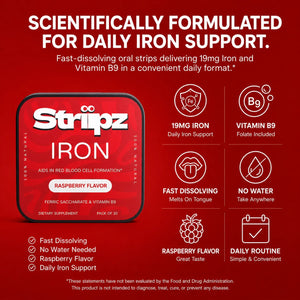 Scientifically formulated Iron Strips – 19mg gentle iron and Vitamin B9 folate for daily iron support, energy, and red blood cell formation, fast-dissolving oral strips, no water needed, raspberry flavor