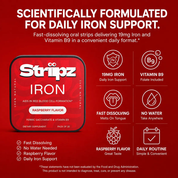 Scientifically formulated Iron Strips – 19mg gentle iron and Vitamin B9 folate for daily iron support, energy, and red blood cell formation, fast-dissolving oral strips, no water needed, raspberry flavor
